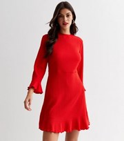 New Look Red Crinkle Jersey 3/4 Frill Sleeve Mini Dress